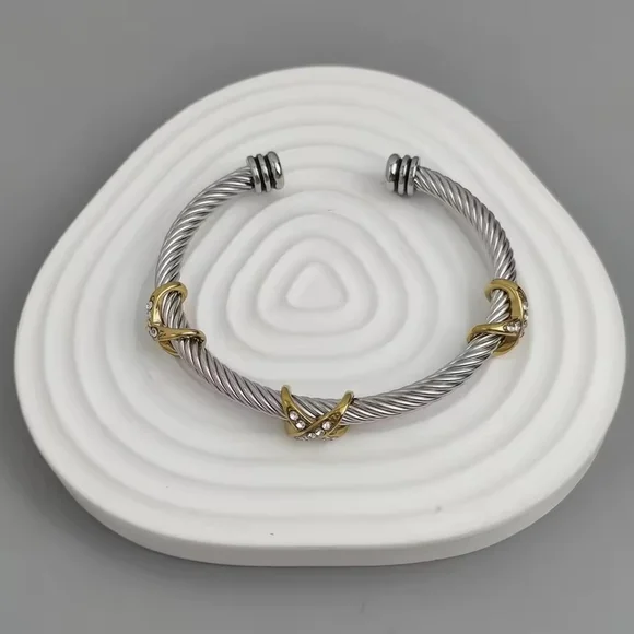 Two-Tone Silver and Gold Twisted Cable Cuff with Crystal Knots - Picture 5 of 6